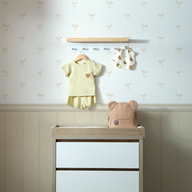 Delicate Bows on Pinstripe Panel Wallpaper in Natural with Cream Panel