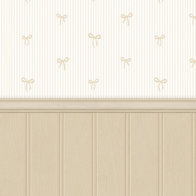 Delicate Bows on Pinstripe Panel Wallpaper in Natural with Cream Panel