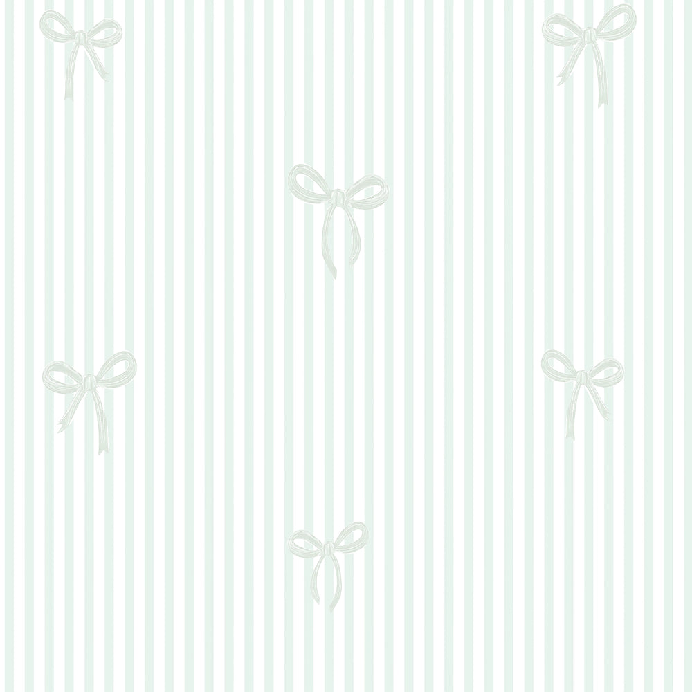 Sample of Delicate Bows on Pinstripe Wallpaper in Mint Green