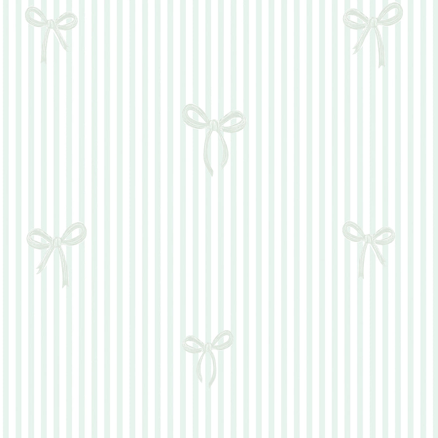 Sample of Delicate Bows on Pinstripe Wallpaper in Mint Green
