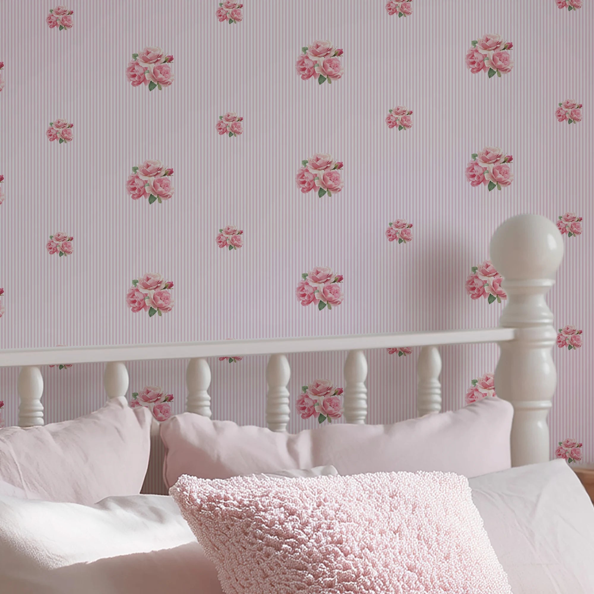 Delicate Posy on Pinstripe Wallpaper in Pink