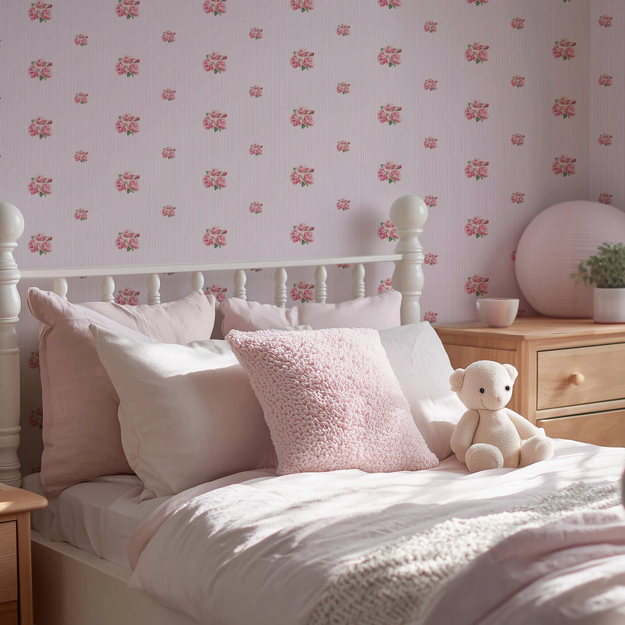 Delicate Posy on Pinstripe Wallpaper in Pink