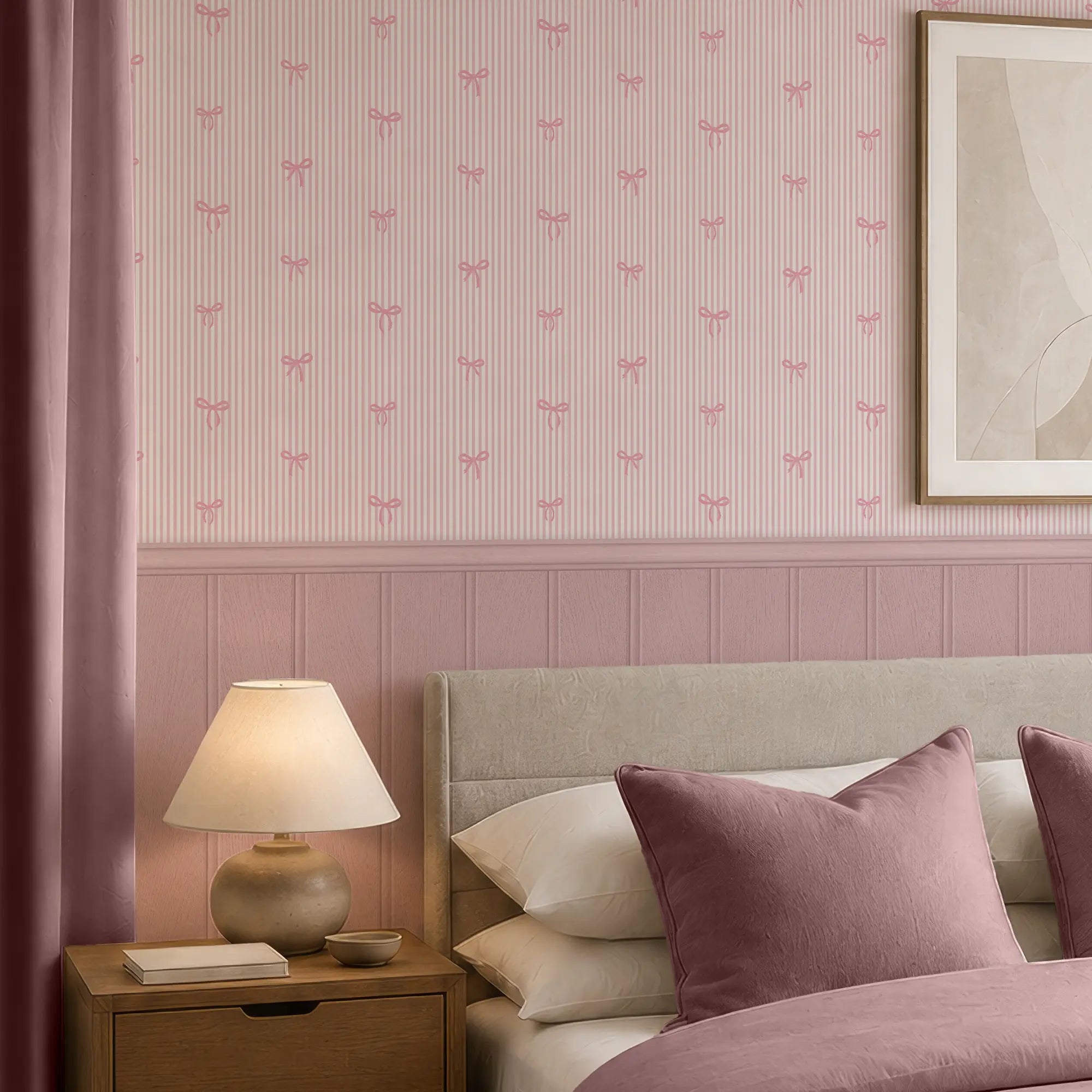 Delicate Bows on Pinstripe Panel Wallpaper in Pink with Pink Panel