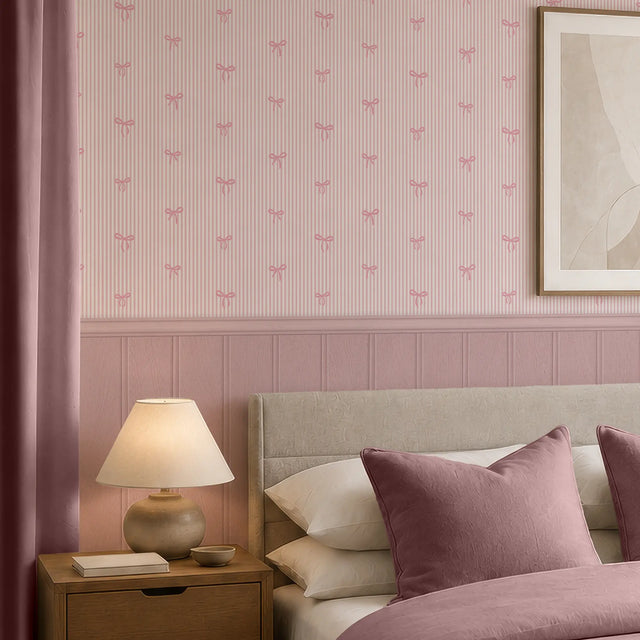 Delicate Bows on Pinstripe Panel Wallpaper in Pink with Pink Panel