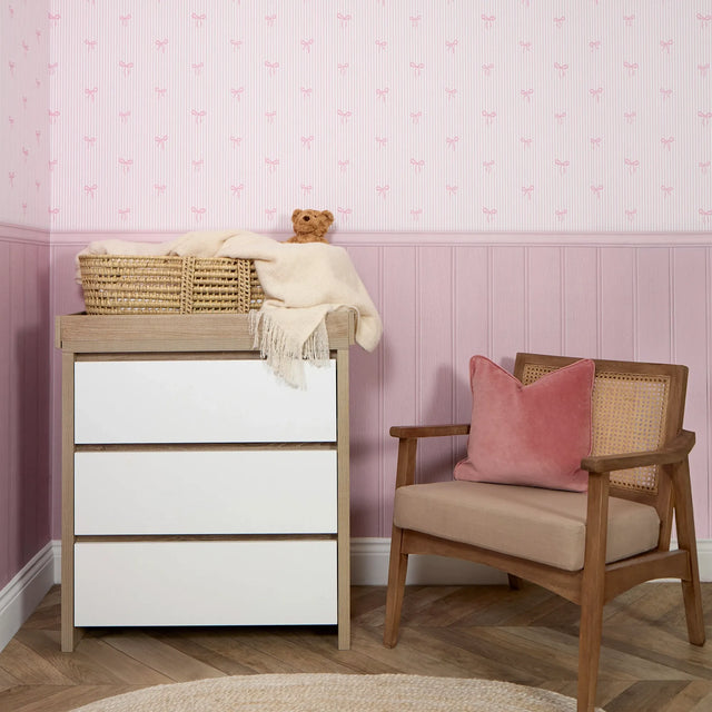 Delicate Bows on Pinstripe Panel Wallpaper in Pink with Pink Panel
