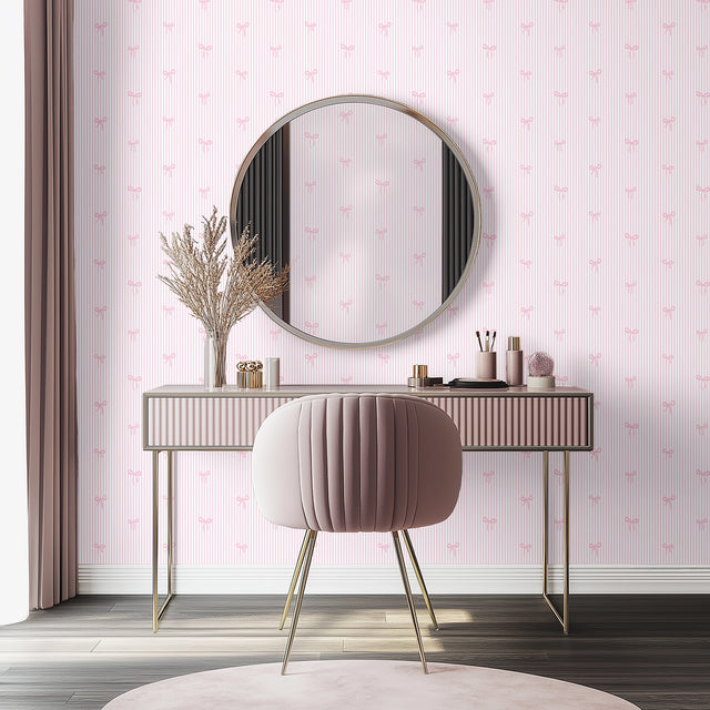Delicate Bows on Pinstripe Wallpaper in Pink