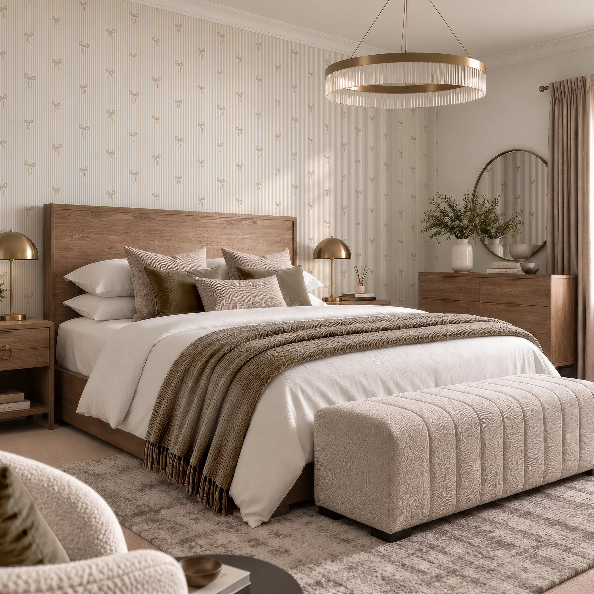 Delicate Bows on Pinstripe Wallpaper in Natural