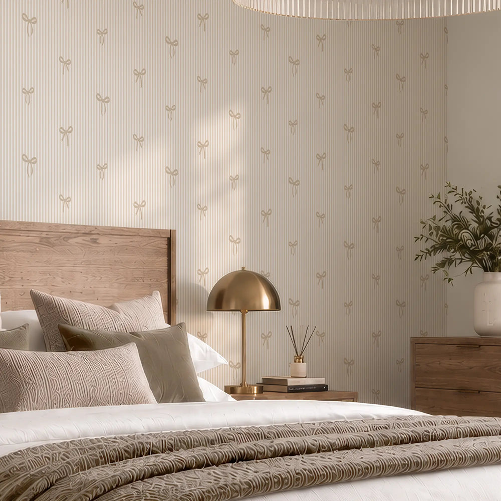 Delicate Bows on Pinstripe Wallpaper in Natural