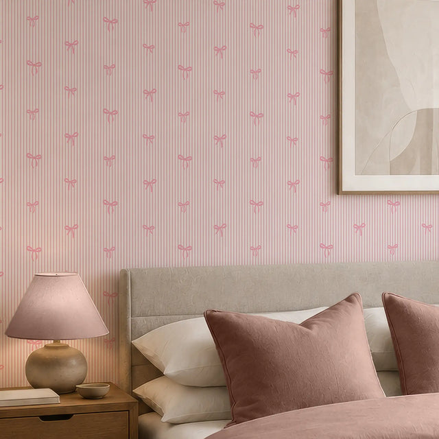 Delicate Bows on Pinstripe Wallpaper in Pink