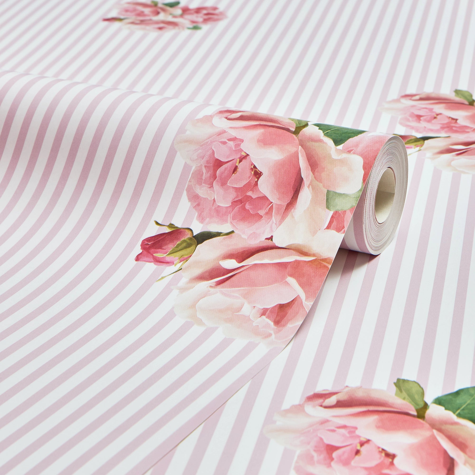 Delicate Posy on Pinstripe Wallpaper in Pink