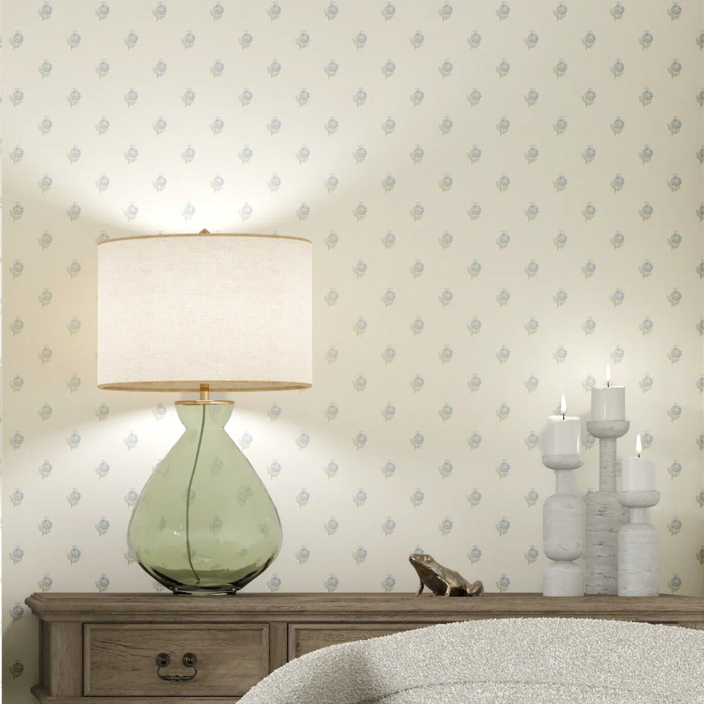 Ditsy Posy Wallpaper in Blue and Sage on Cream