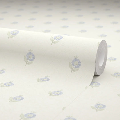 Ditsy Posy Wallpaper in Blue and Sage on Cream