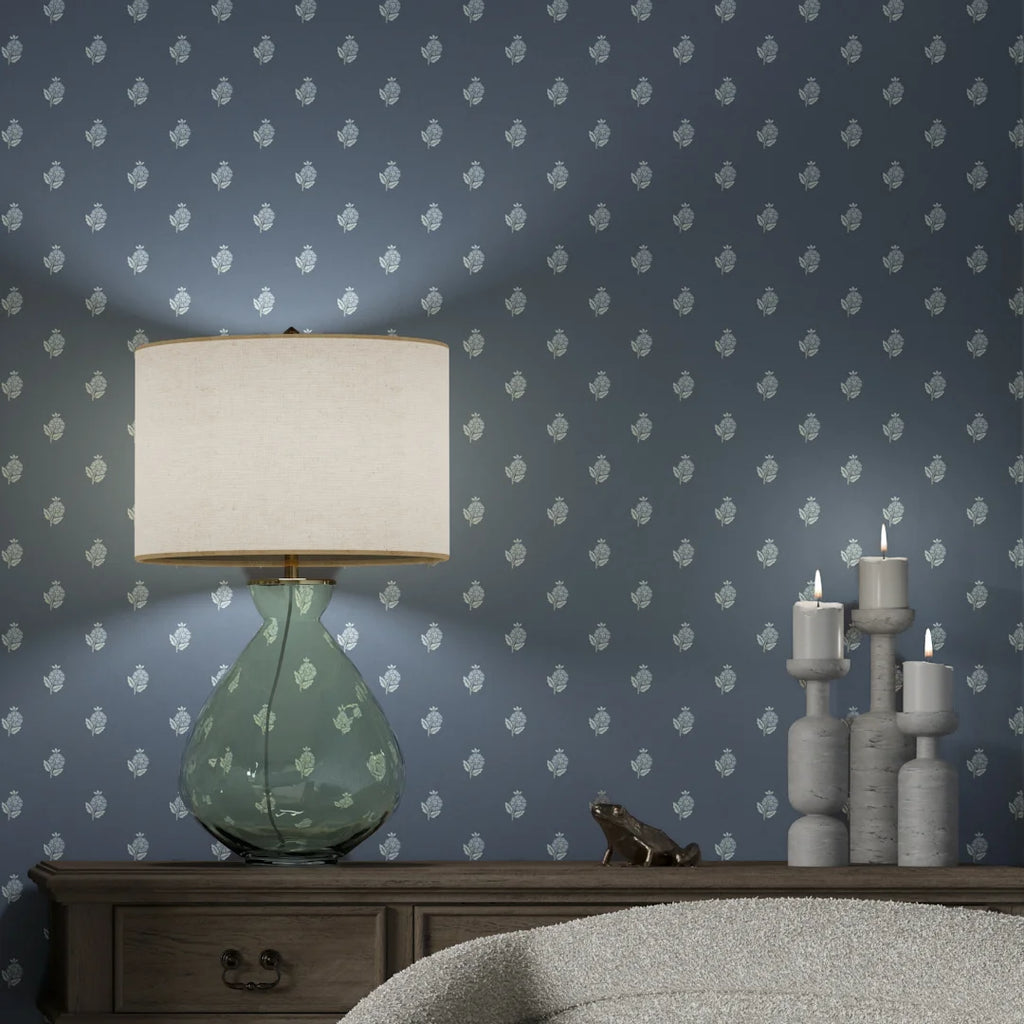 Ditsy Posy Wallpaper in Cream on Navy