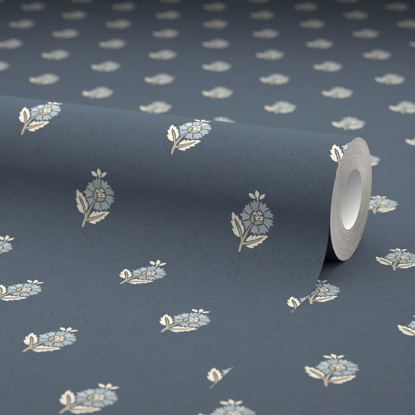 Ditsy Posy Wallpaper in Cream on Navy