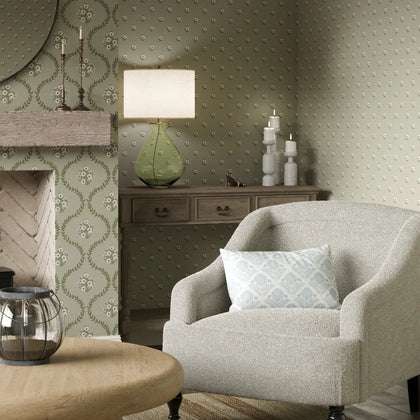 Ditsy Posy Wallpaper in Cream on Organic Green