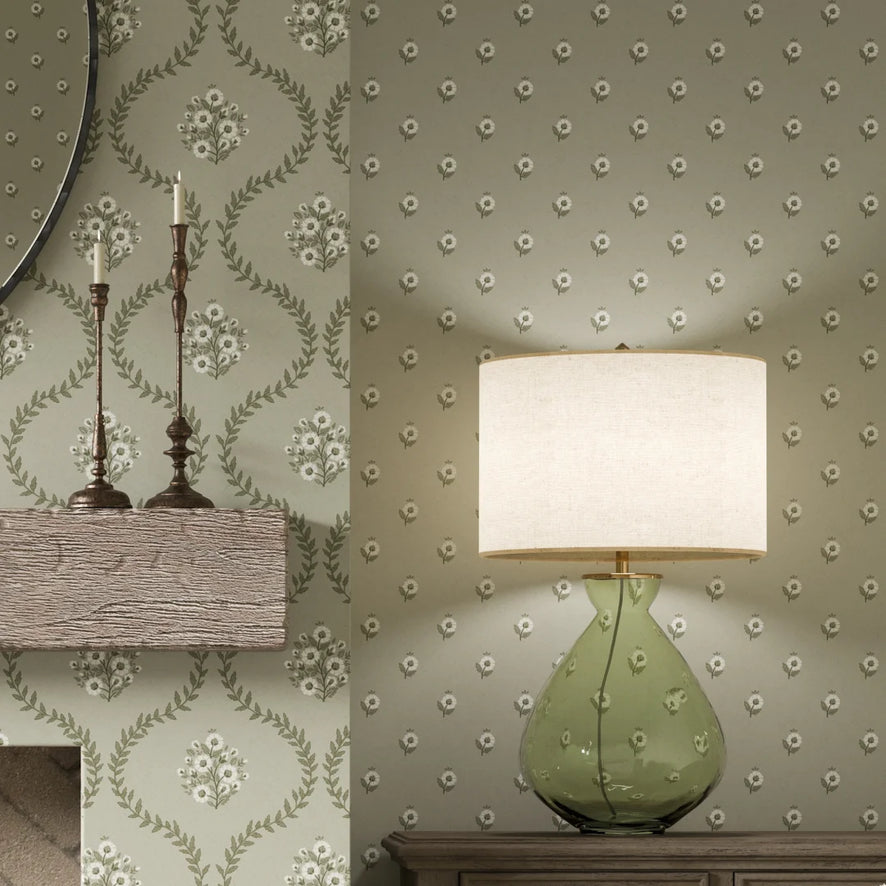 Ditsy Posy Wallpaper in Cream on Organic Green