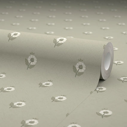 Ditsy Posy Wallpaper in Cream on Organic Green