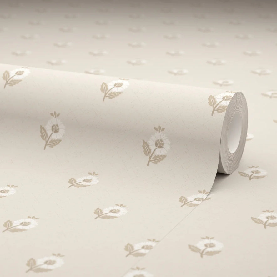 Ditsy Posy Wallpaper in Taupe on Cream