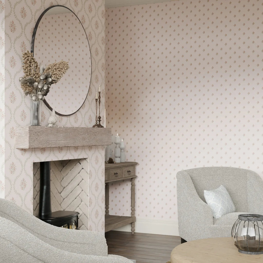 Ditsy Posy Wallpaper in Vintage Pink and Sage