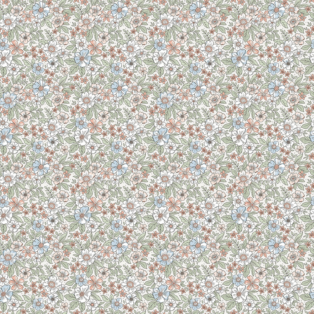 Sample of Ditsy Gardenia Wallpaper in Sage, Soft Blues and Peach