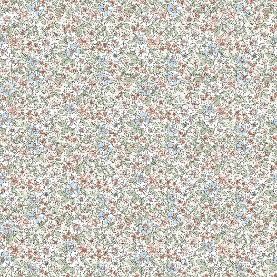 Sample of Ditsy Gardenia Wallpaper in Sage, Soft Blues and Peach