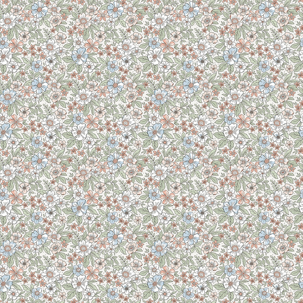 Ditsy Gardenia Wallpaper in Sage, Soft Blues and Peach