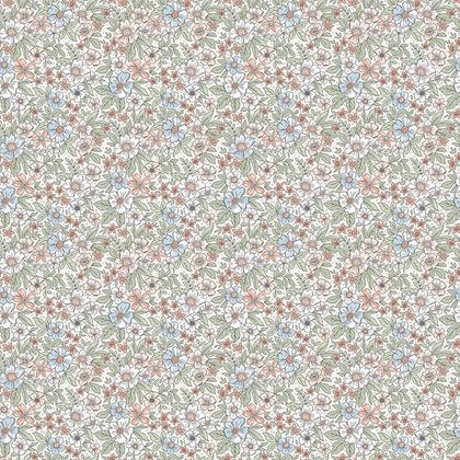 Ditsy Gardenia Wallpaper in Sage, Soft Blues and Peach