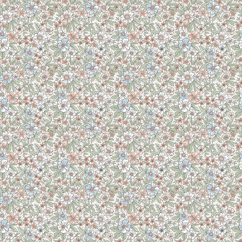 Ditsy Gardenia Wallpaper in Sage, Soft Blues and Peach