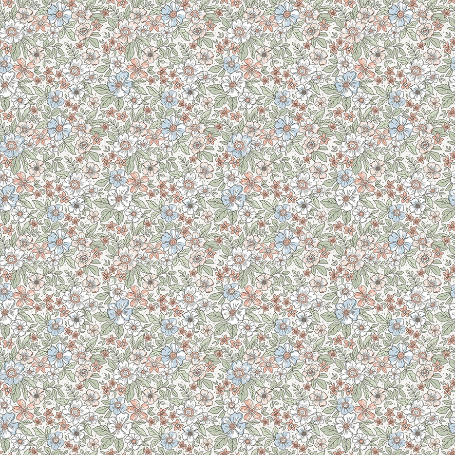 Ditsy Gardenia Wallpaper in Sage, Soft Blues and Peach