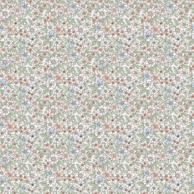 Ditsy Gardenia Wallpaper in Sage, Soft Blues and Peach