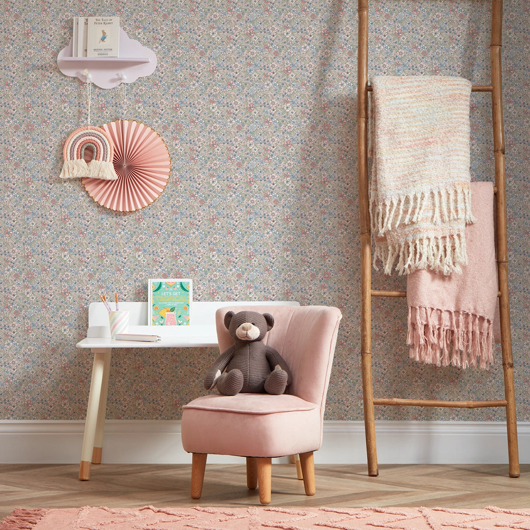 Ditsy Gardenia Wallpaper in Soft Blue and Sage on Soft Pink