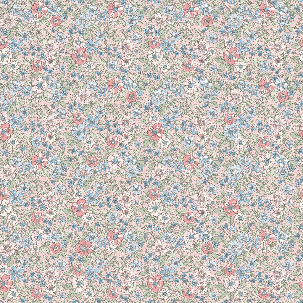 Sample of Ditsy Gardenia Wallpaper in Soft Blue and Sage on Soft Pink