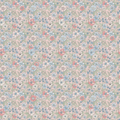 Sample of Ditsy Gardenia Wallpaper in Soft Blue and Sage on Soft Pink