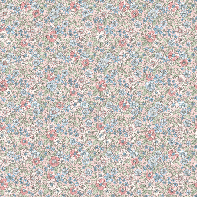 Ditsy Gardenia Wallpaper in Soft Blue and Sage on Soft Pink