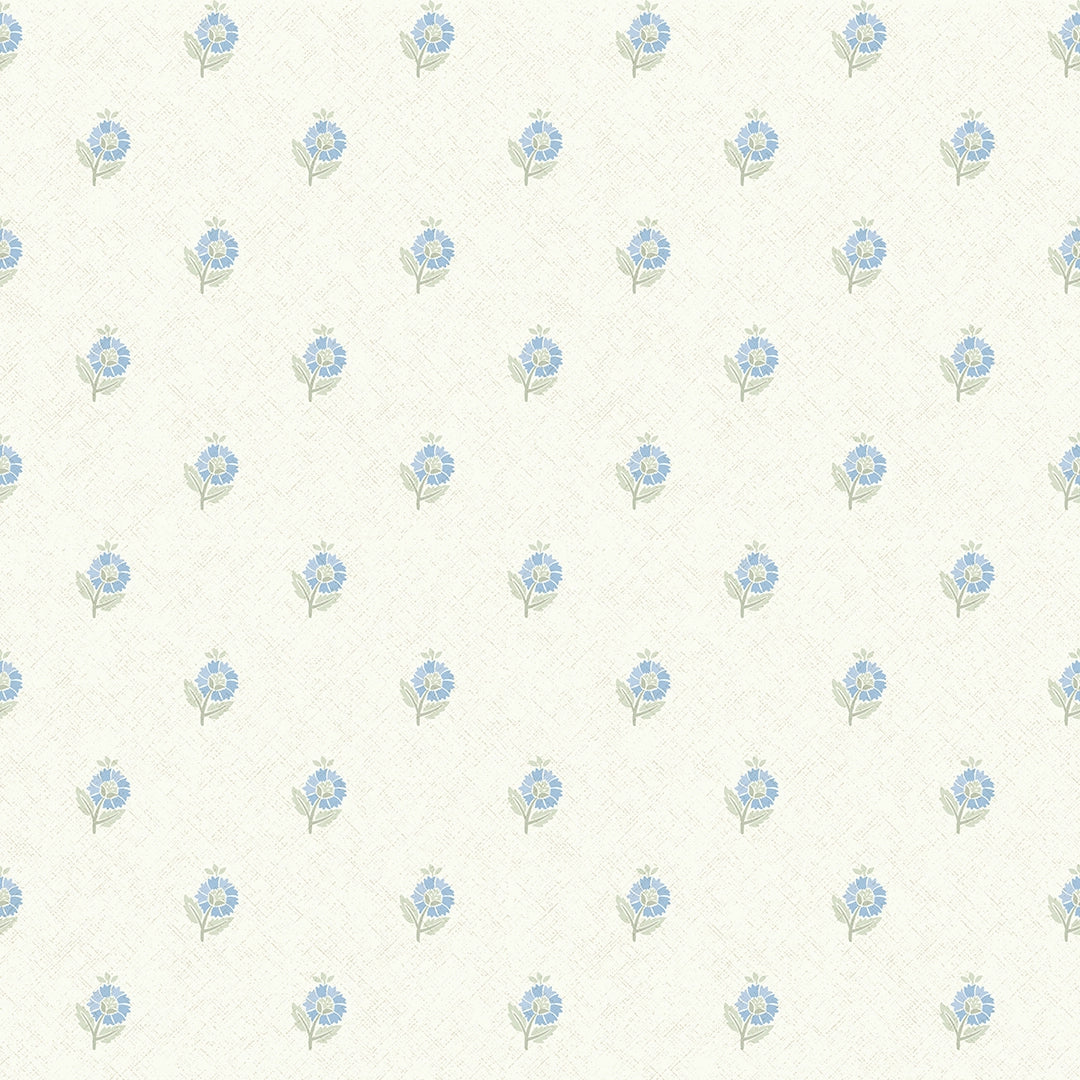 Ditsy Posy Wallpaper in Blue and Sage on Cream