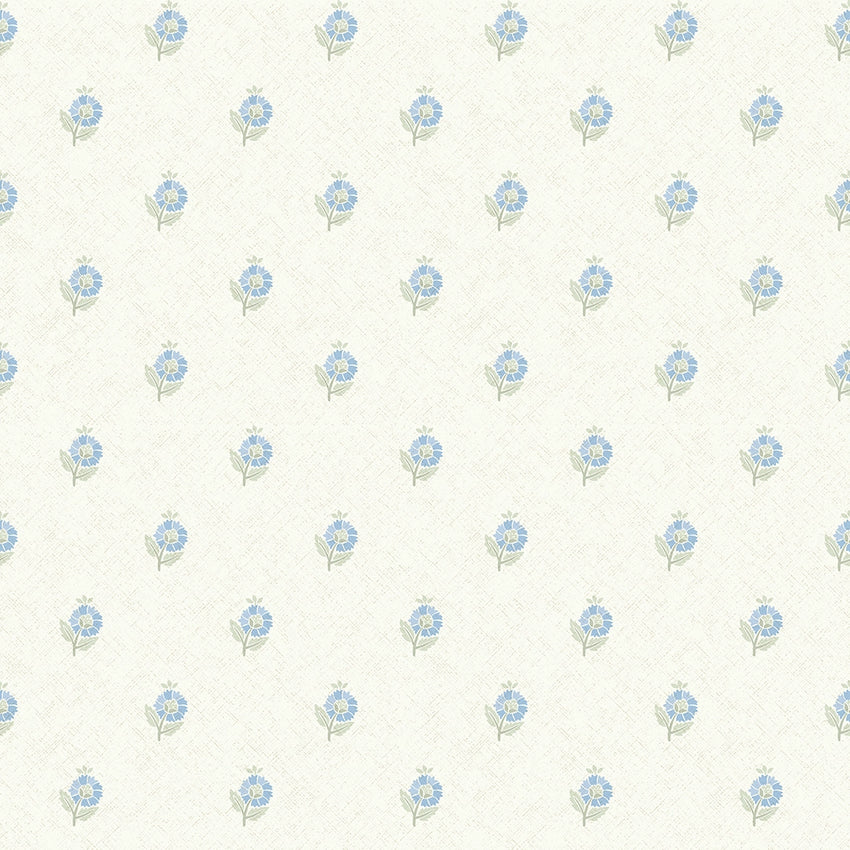 Ditsy Posy Wallpaper in Blue and Sage on Cream