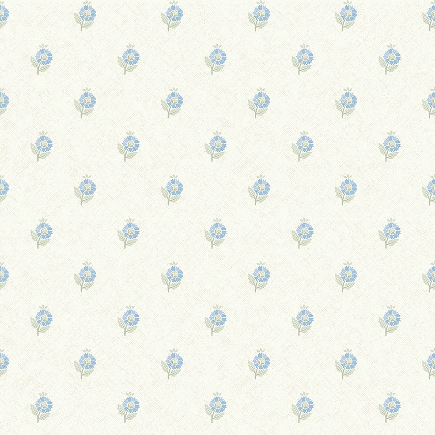 Ditsy Posy Wallpaper in Blue and Sage on Cream