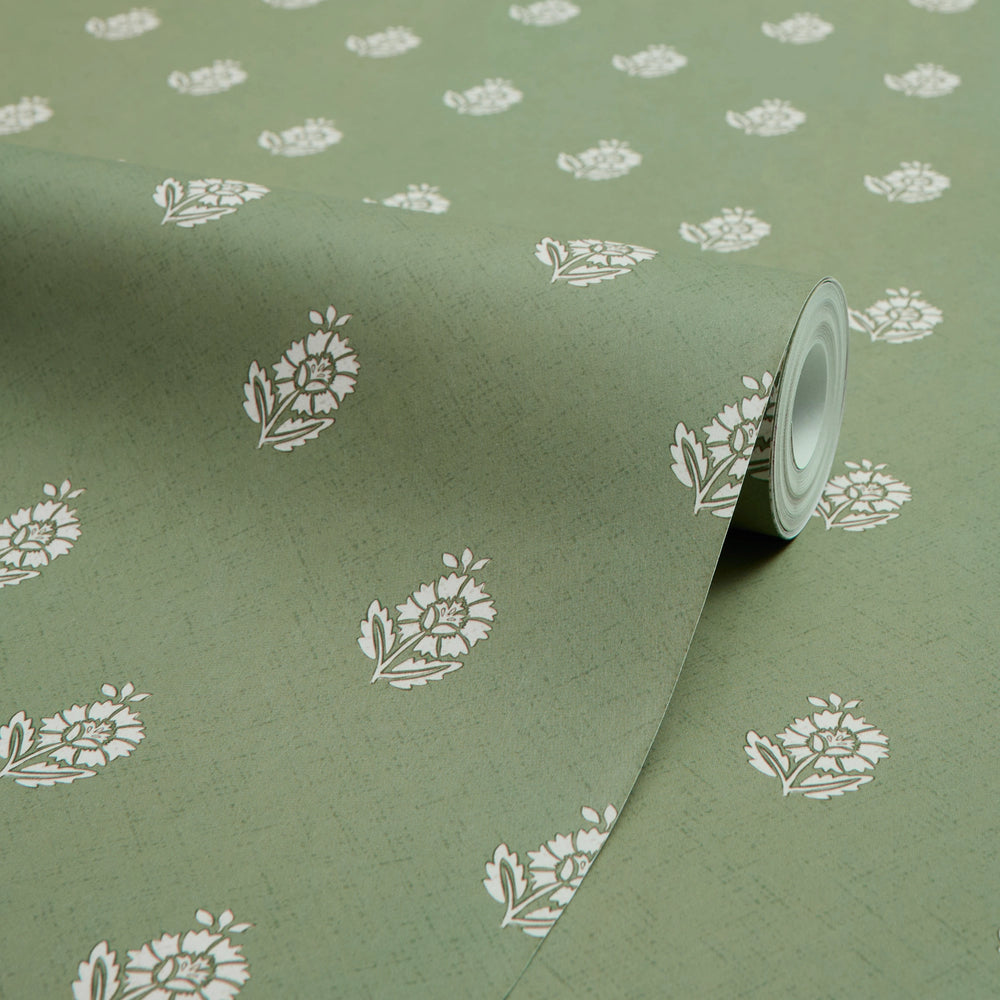 Ditsy Posy Wallpaper in Cream on Pistachio
