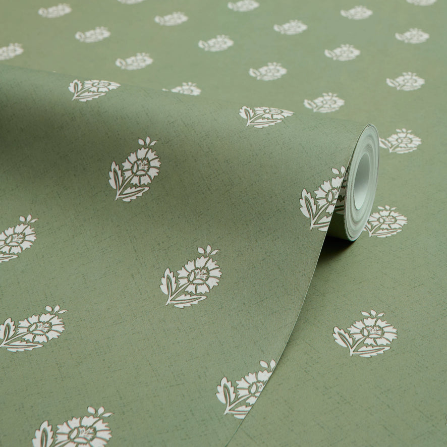 Ditsy Posy Wallpaper in Cream on Pistachio