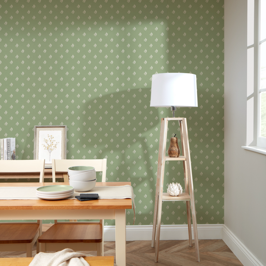 Ditsy Posy Wallpaper in Cream on Pistachio