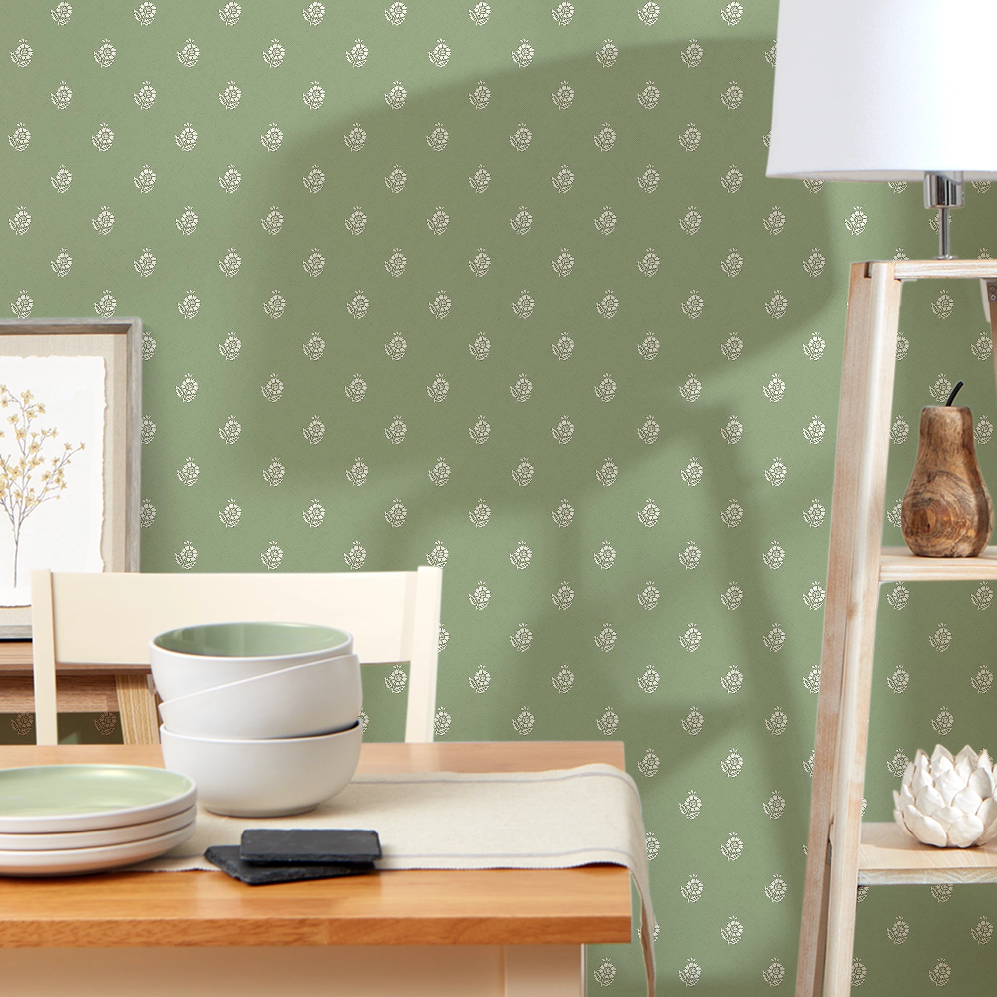 Ditsy Posy Wallpaper in Cream on Pistachio