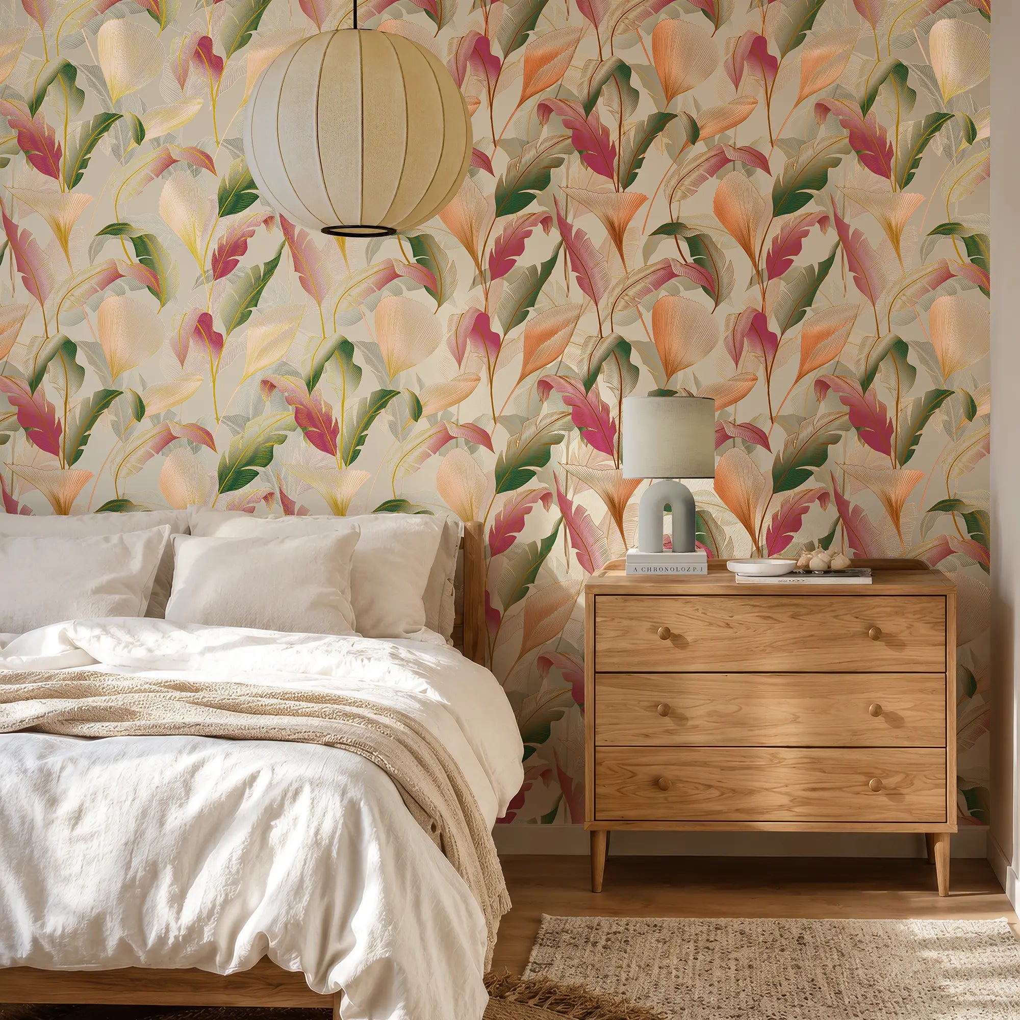 Elegant Leaves Wallpaper in Bright Pinks and Greens on Cream with Gold Foil