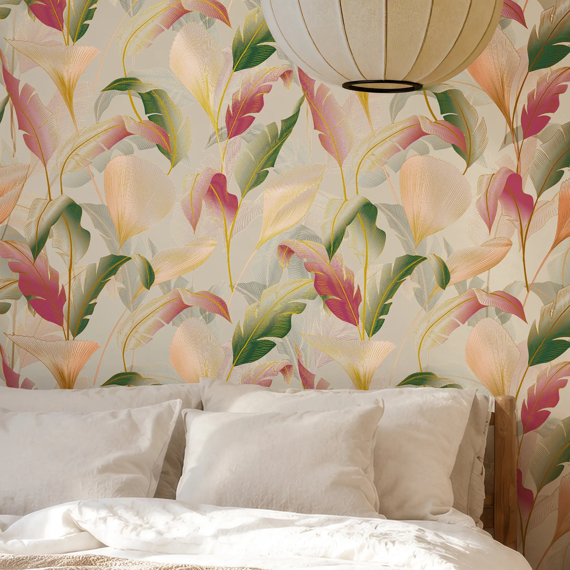 Elegant Leaves Wallpaper in Bright Pinks and Greens on Cream with Gold Foil