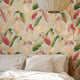 Elegant Leaves Wallpaper in Bright Pinks and Greens on Cream with Gold Foil
