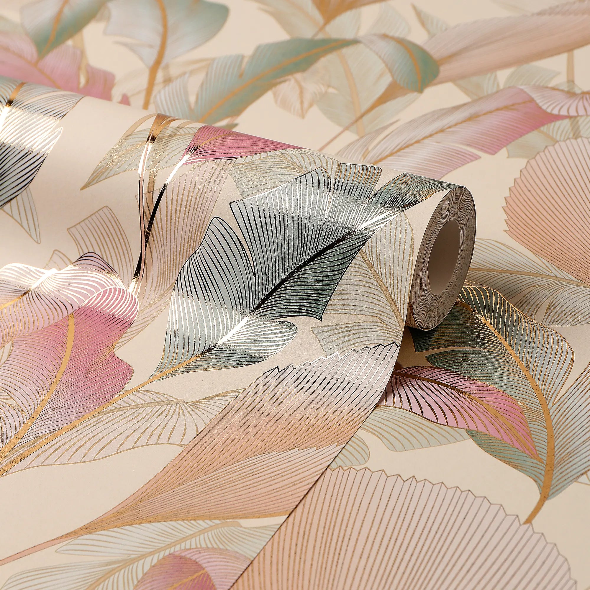 Elegant Leaves Wallpaper in Soft Pinks and Greens on Cream with Gold Foil