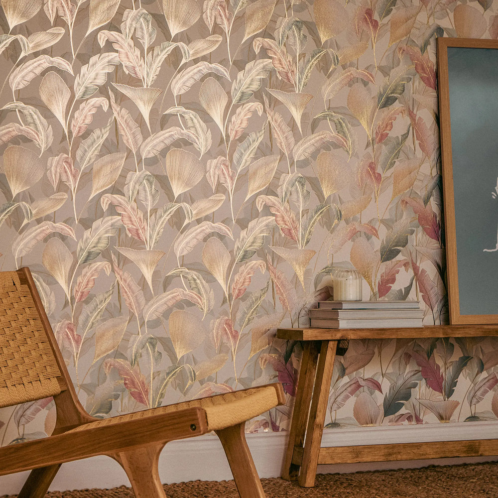 Elegant Leaves Wallpaper in Soft Pinks and Greens on Cream with Gold Foil