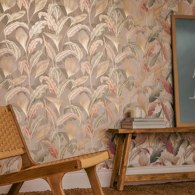 Elegant Leaves Wallpaper in Soft Pinks and Greens on Cream with Gold Foil