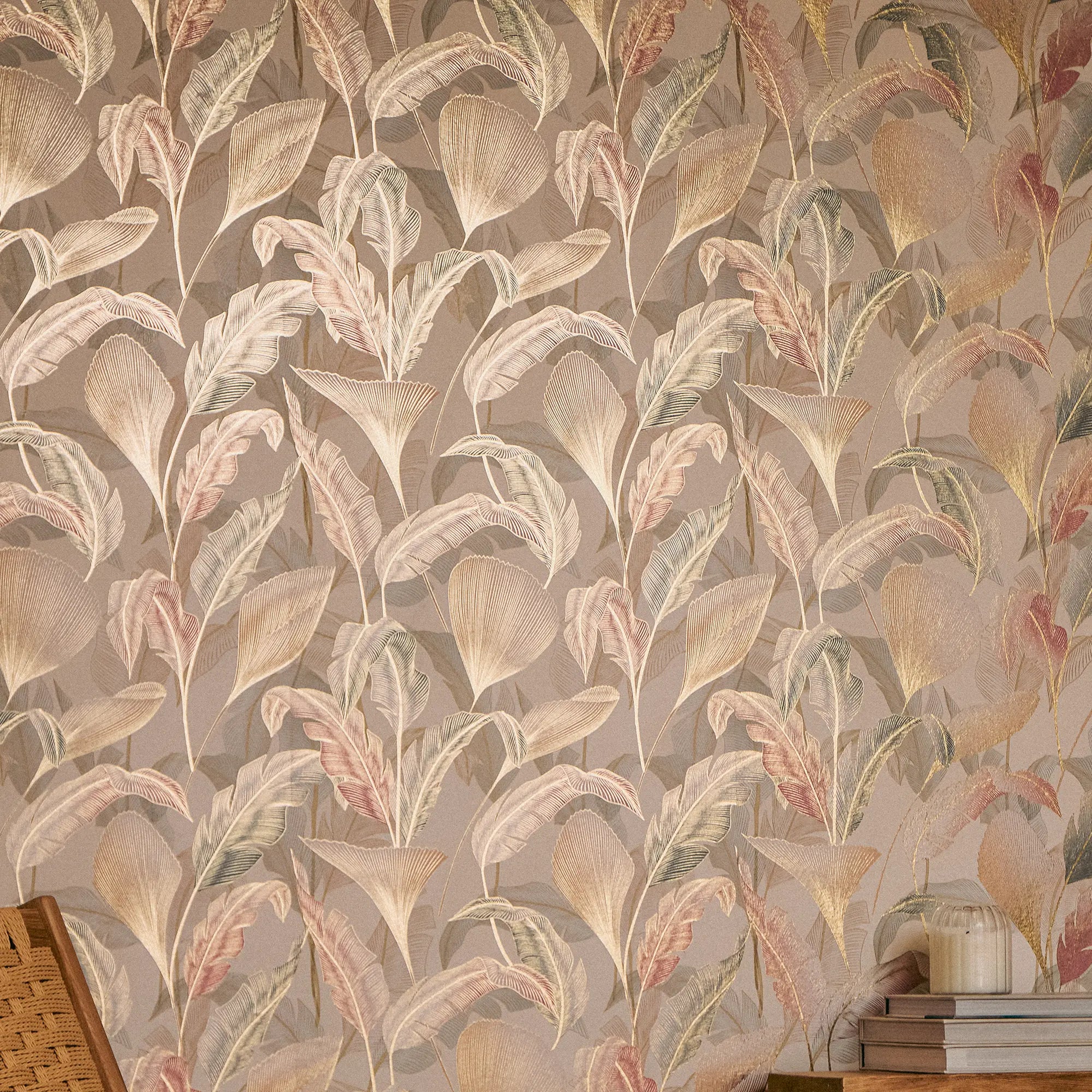 Elegant Leaves Wallpaper in Soft Pinks and Greens on Cream with Gold Foil