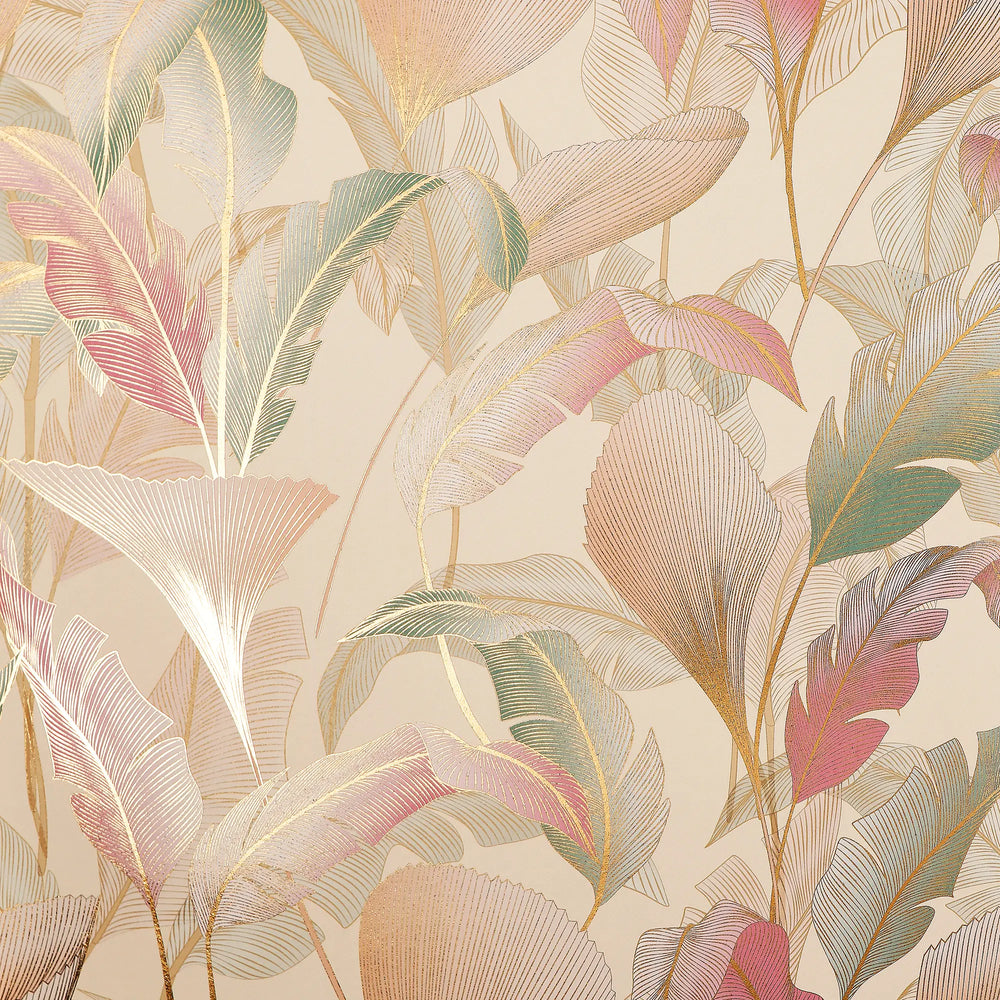 Elegant Leaves Wallpaper in Soft Pinks and Greens on Cream with Gold Foil