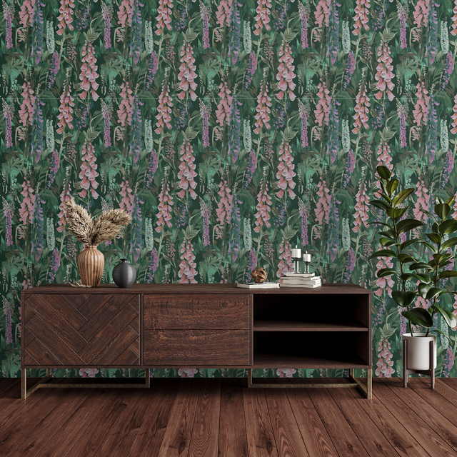 Enchanted Meadow Wallpaper in Greens and Pink
